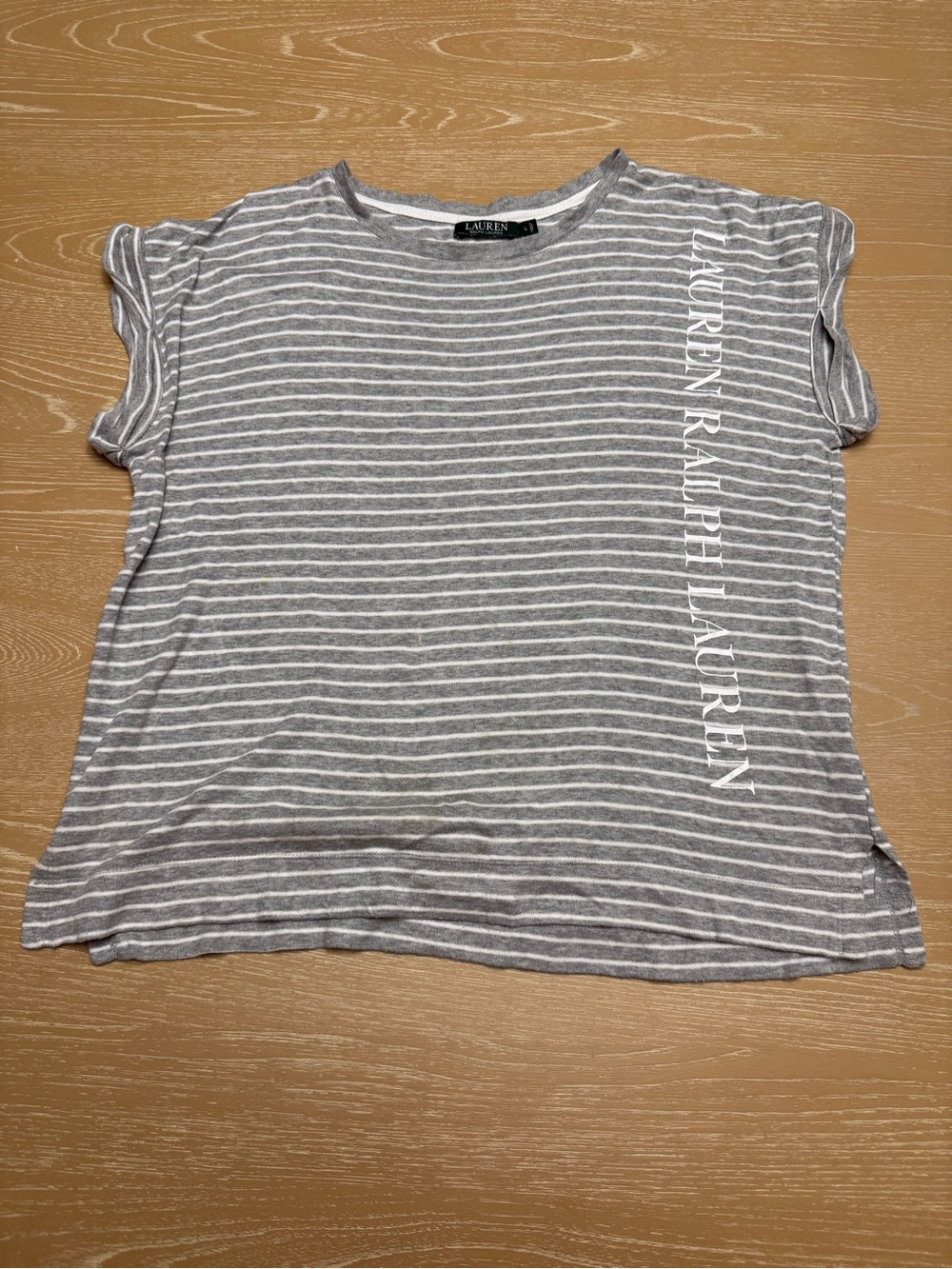 Ralph Lauren Gray & White Striped Short Sleeve Tee with Vertical Logo